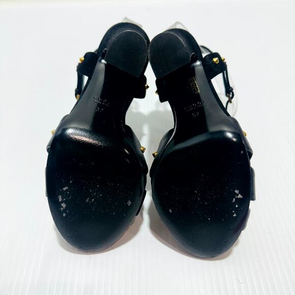 Gucci Sandals 37 /US 7 Black Suede Leather Gold Studded T-Strap High Heel - Picture 8 of 10